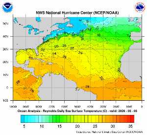 Météo tropicale : Carte des anomalies de température en Atlantique.