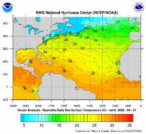 Météo tropicale : Carte des anomalies de température en Atlantique.
