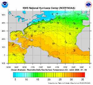 Météo tropicale : Carte des anomalies de température en Atlantique.
