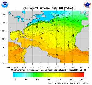 Météo tropicale : Carte des anomalies de température en Atlantique.