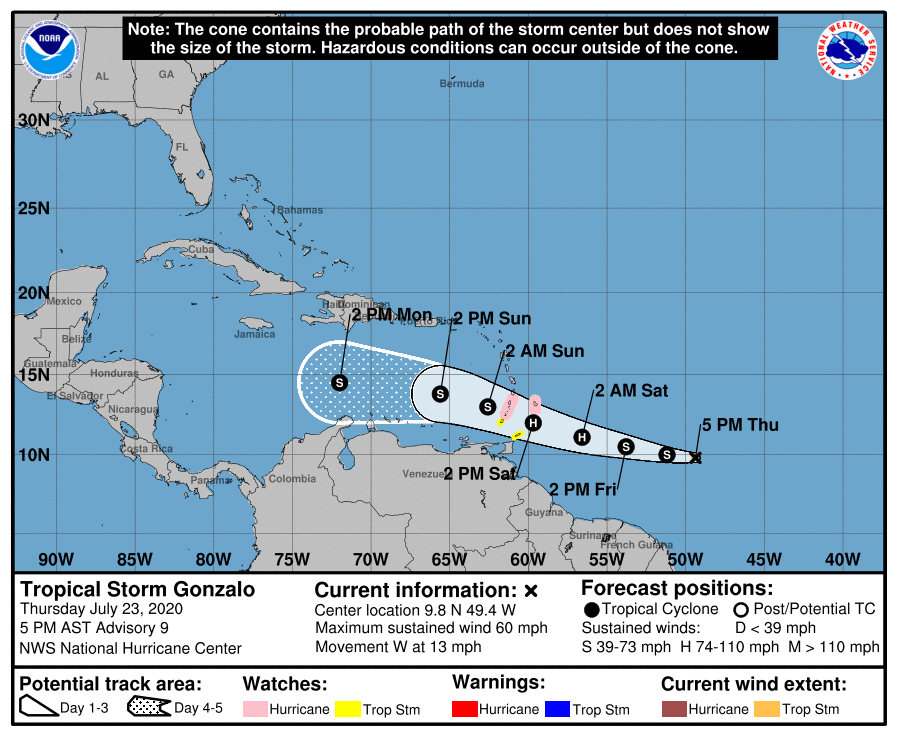 Tempete Gonzalo - NHC - prévision du 23 juillet 2020 à 22h UTC