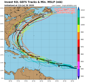 Invest 92L - prévision trajectoire GFS - 26/07/2020