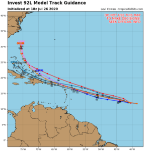 Invest 92L - prévision trajectoire - 26/07/2020