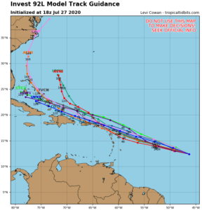 Invest 92L - Trajectoire - 27/07/2020